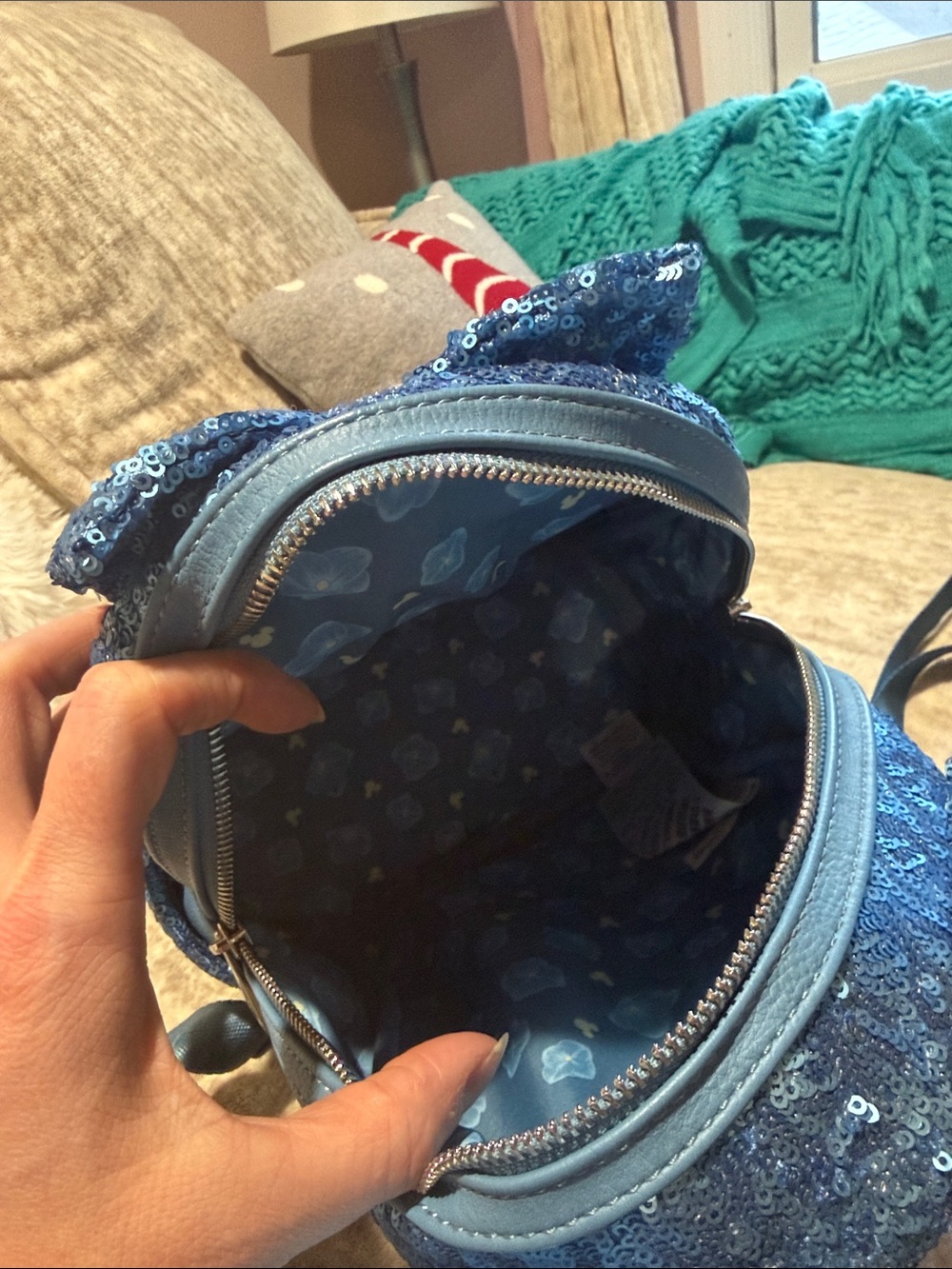Loungefly Kids Sparkling Blue Sequin Mini Backpack with Ears and Bow - Picture 3 of 3